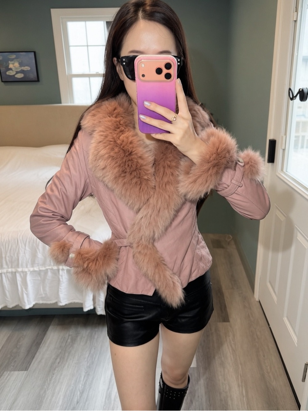 Vintage Pink sheep Leather Fox Fur Jacket XS Y2K Cropped - Picture 8 of 14